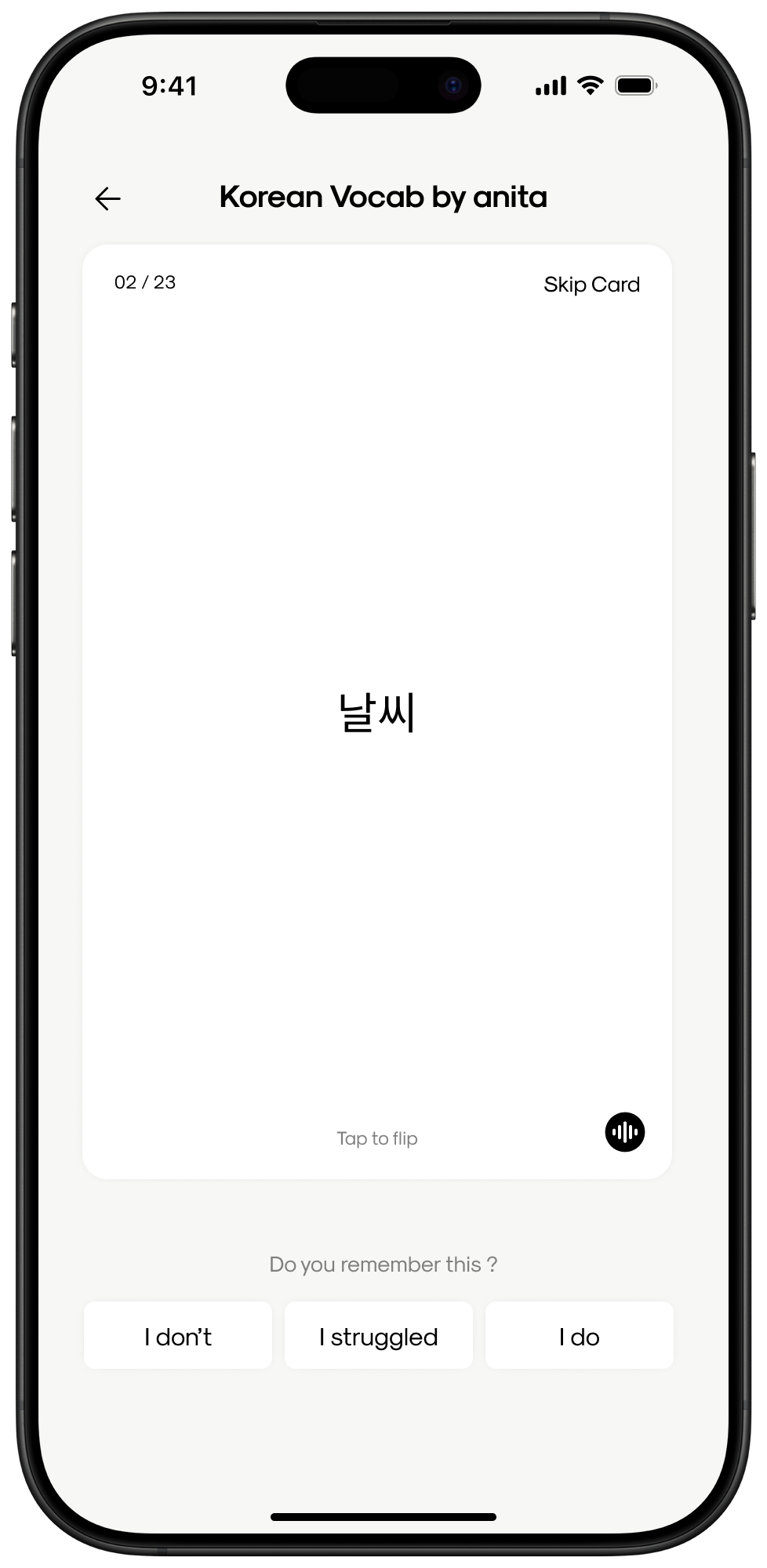 Word card back showing 날씨 with the buttons I don’t, I struggled, and I do